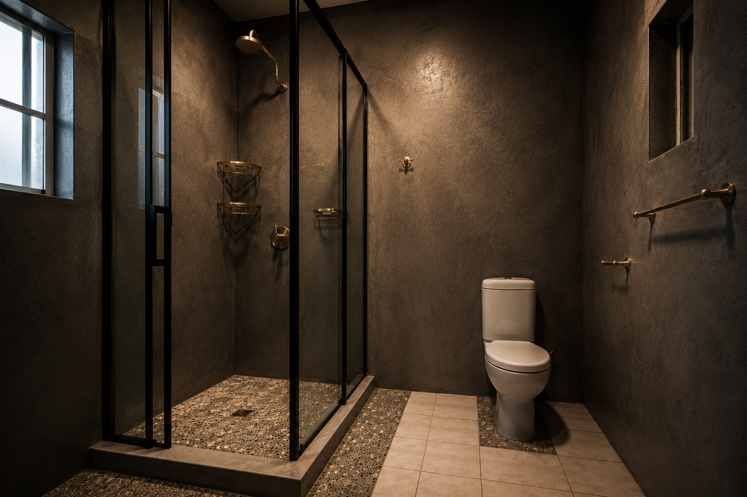 Luxury dark bathroom with backlit oval mirror and freestanding vanity